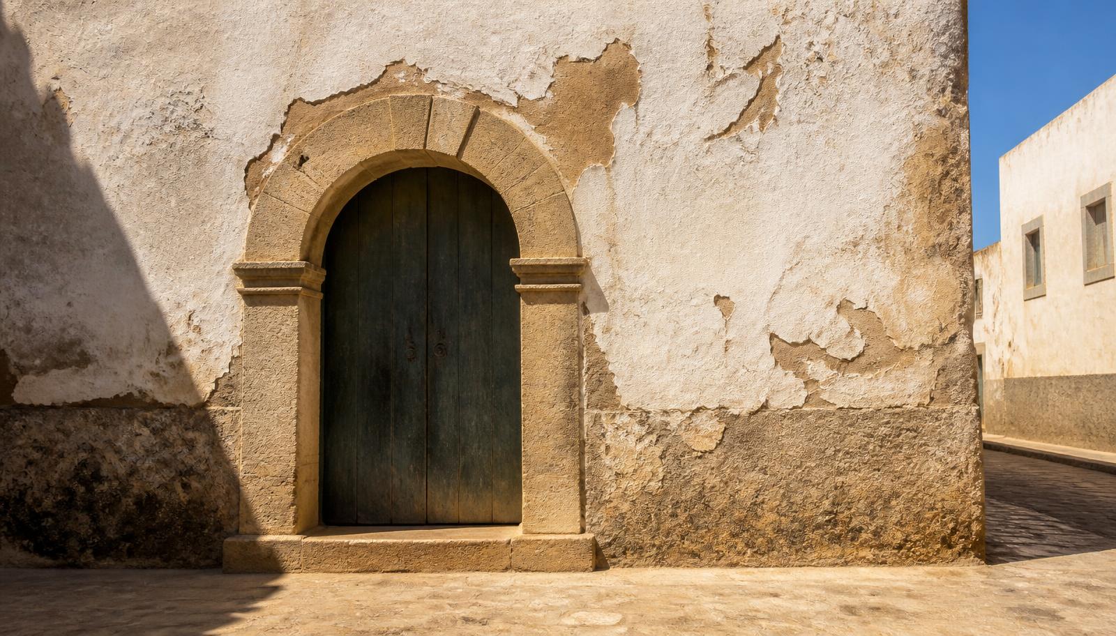 An arched doorway in a lime-plastered wall, El Jadida