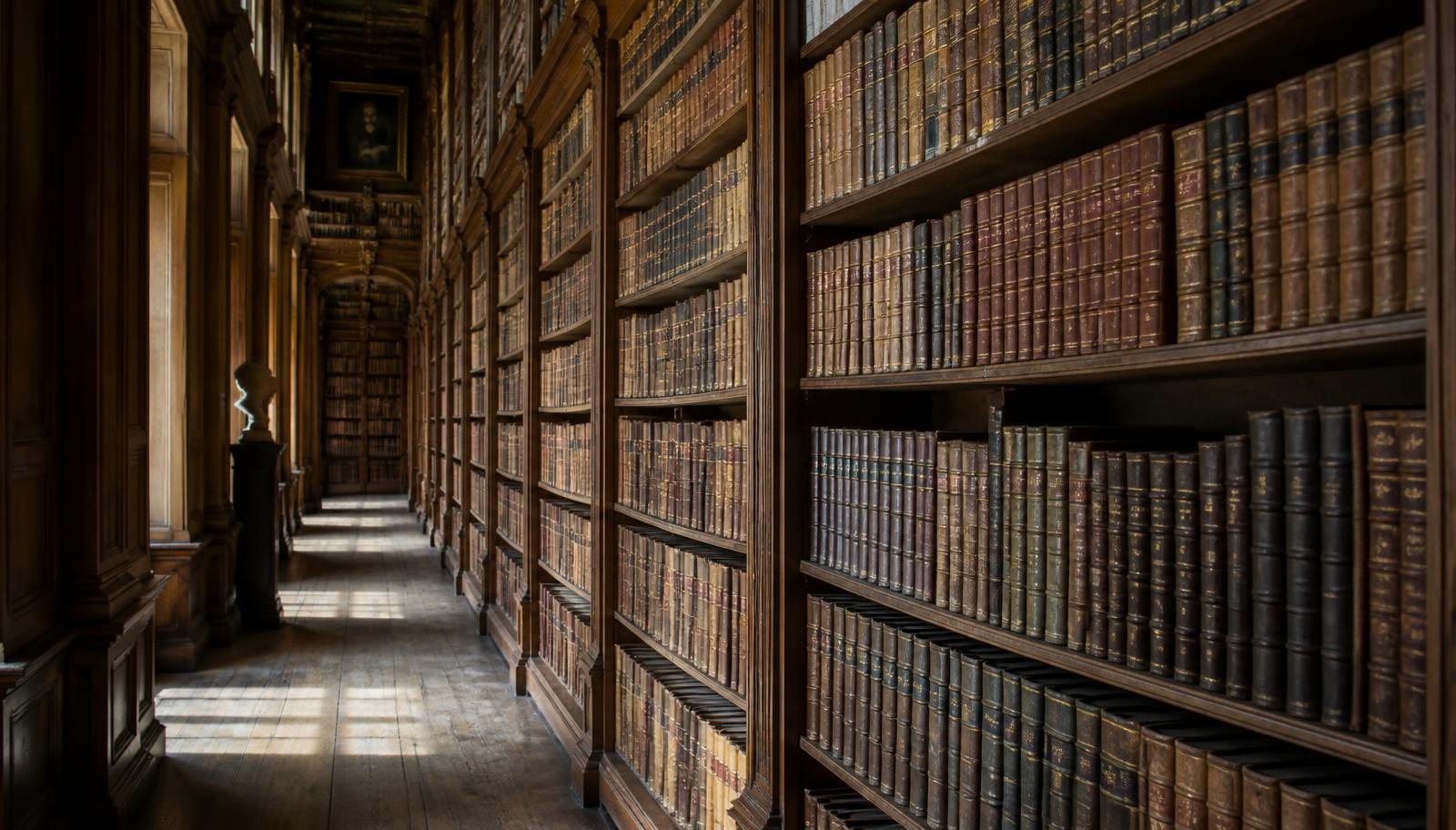 Library shelves of bound books